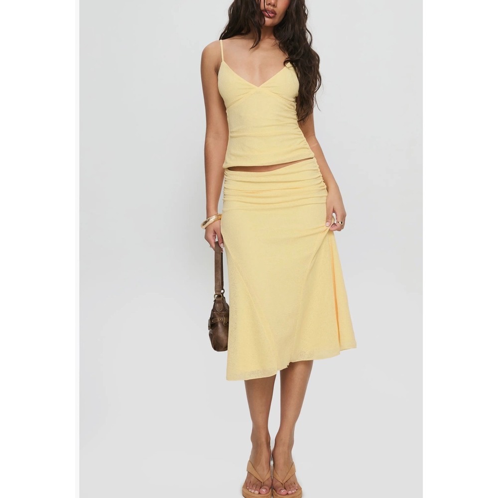 Princess Polly Yellow Textured Midi Skirt High Waisted Side Ruched US 4